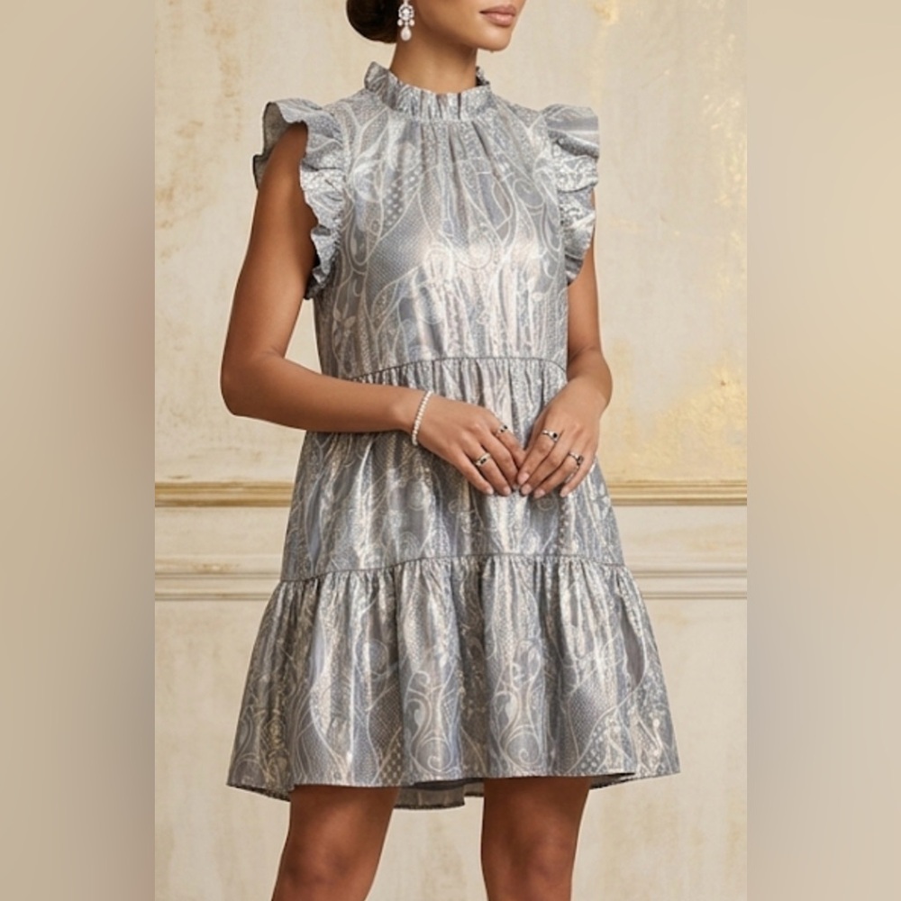 Marie Oliver Metallic Paisley‎ Tiered Ruffle Mock Neck Mini Dress Silver Blue XS